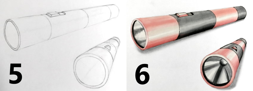 Flashlight design drawing, rendered with markers