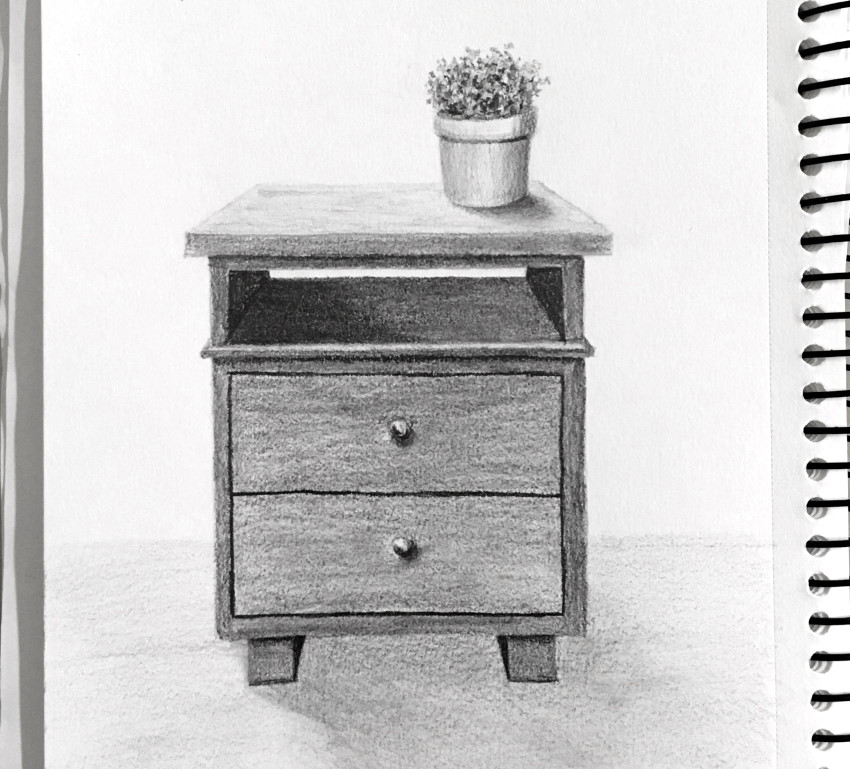 Pencil drawing in one point perspective - nightstand