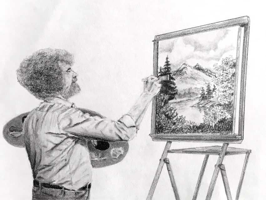 A pencil sketch of Bob Ross