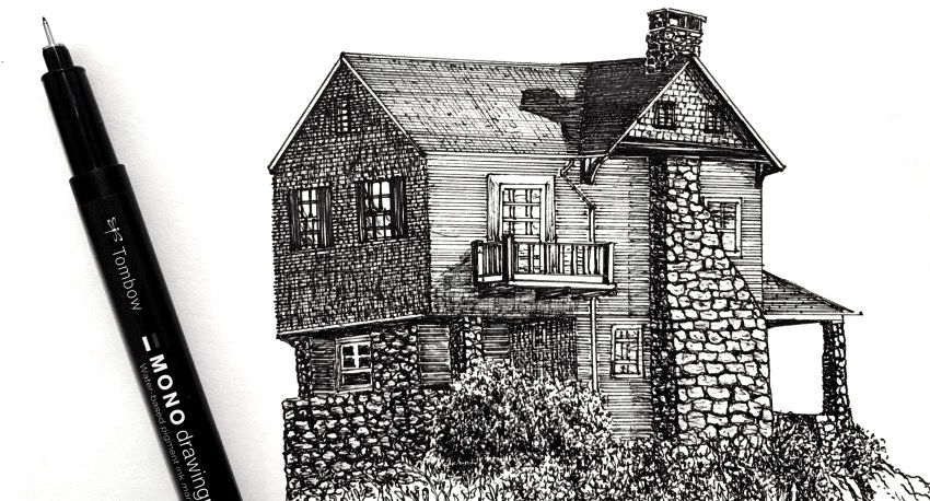 Pen and ink drawing of a country house