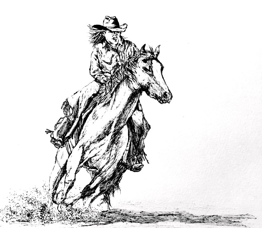 Cowgirl riding on horse pen sketching