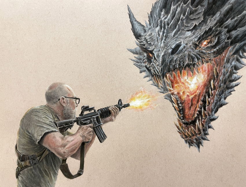 Realistic colored pencils drawing of a man fighting a dragon