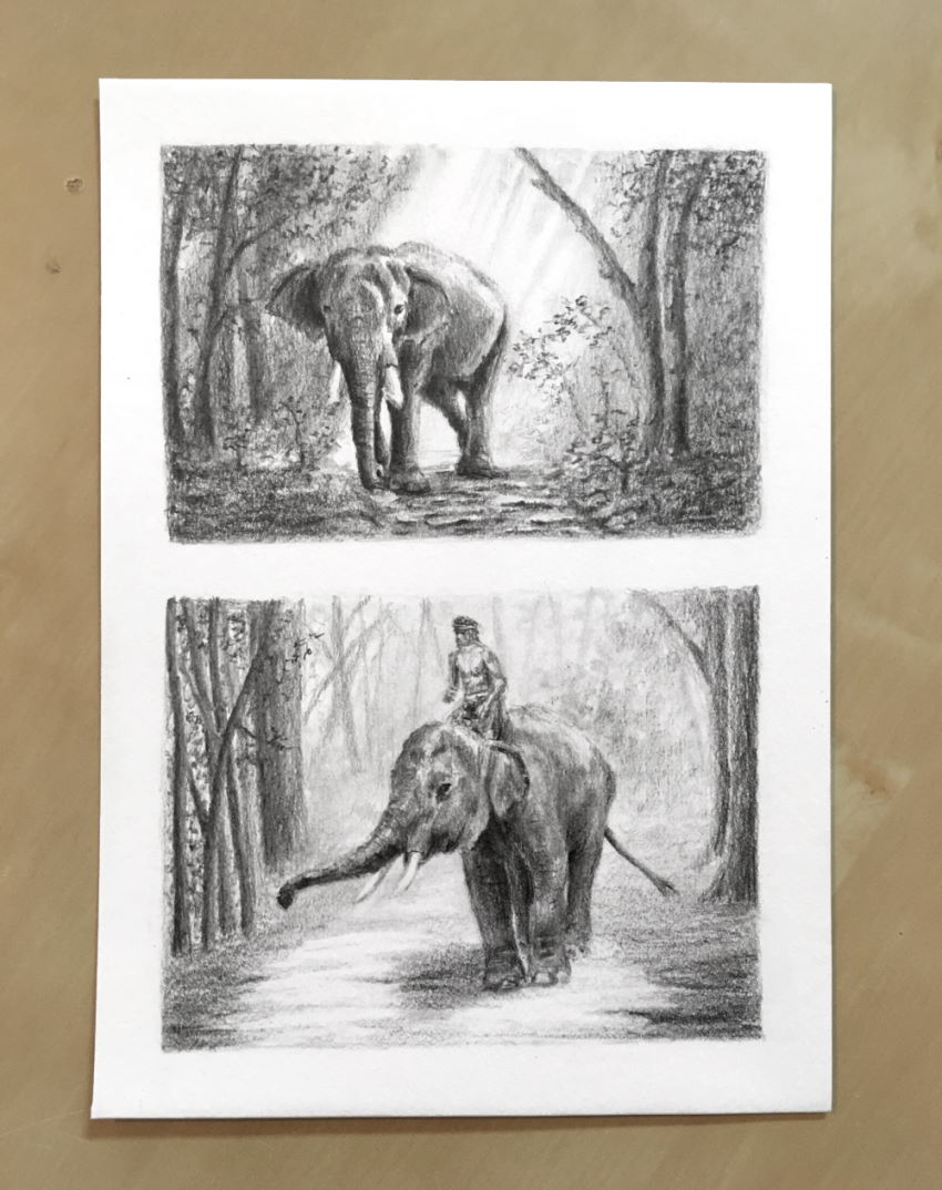 Two drawings of an elephant in the forest