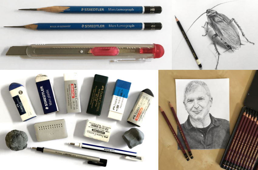 Example of drawing materials, including pencils and erasers