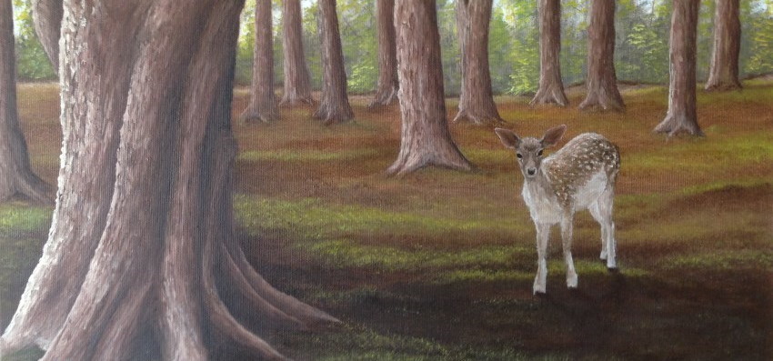 Oil painting, fawn in forest
