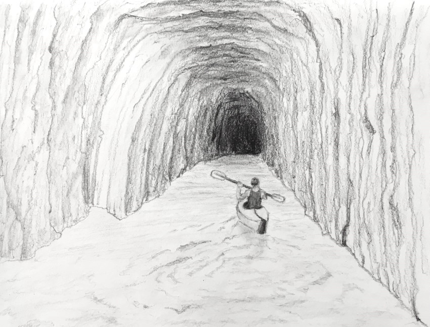 Pencil drawing of a kayak paddler in cave