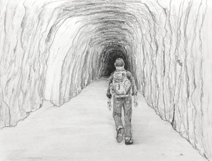 Man walking in cave pencil drawing