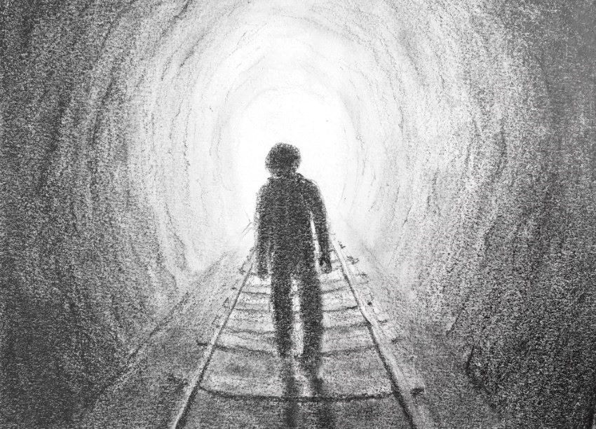 Pencil drawing of a man in tunnel