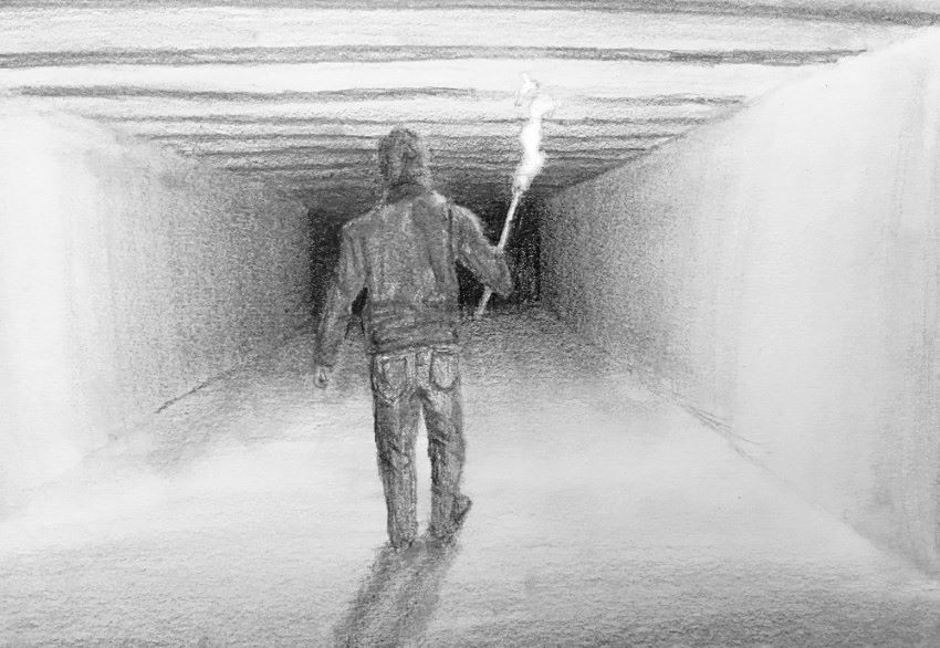 Man with torch in tunnel pencil drawing