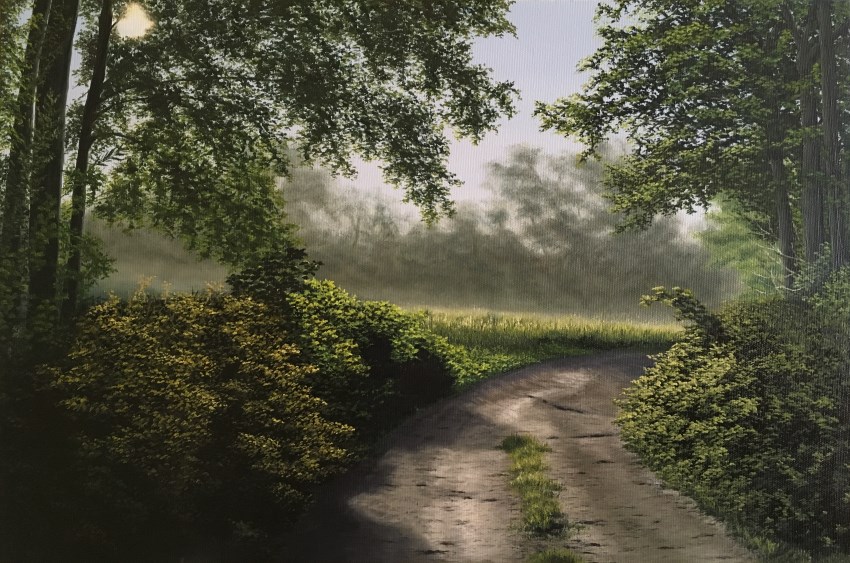 Realistic oil painting, path in the forest