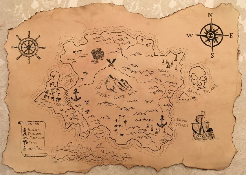 Drawing of a treasure map on antique paper