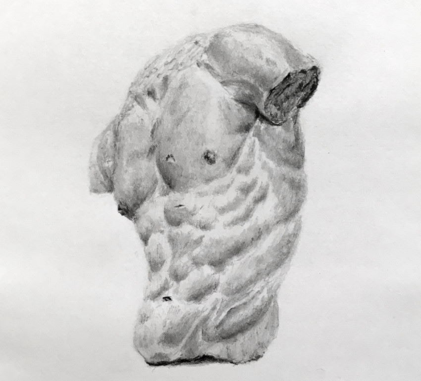 Realistic statue of upper body graphite drawing