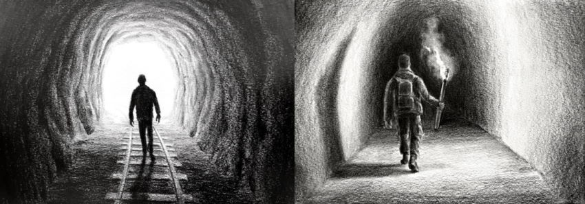 Depth drawing examples. Man walking in caves