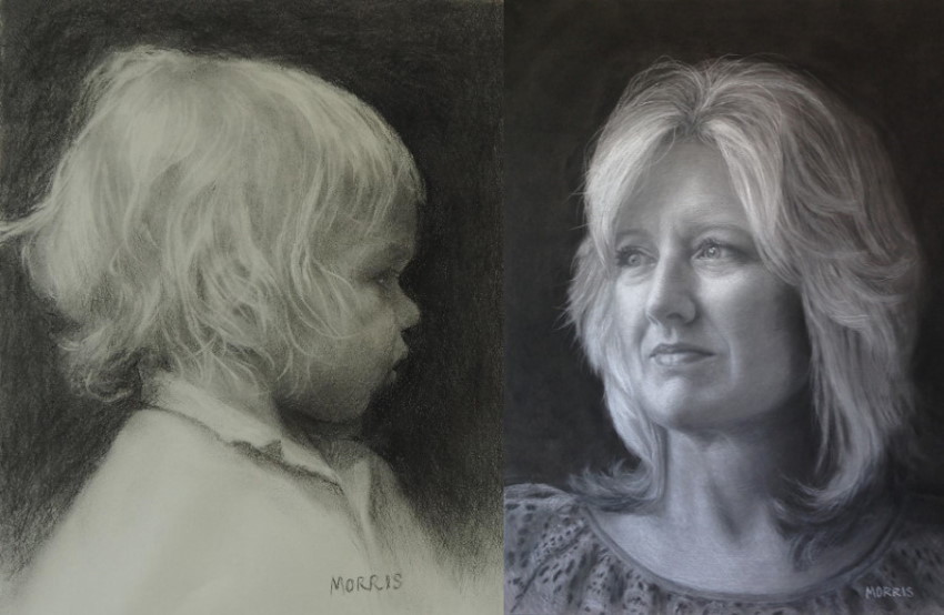 Two pencil drawing portraits by Kathy Morris