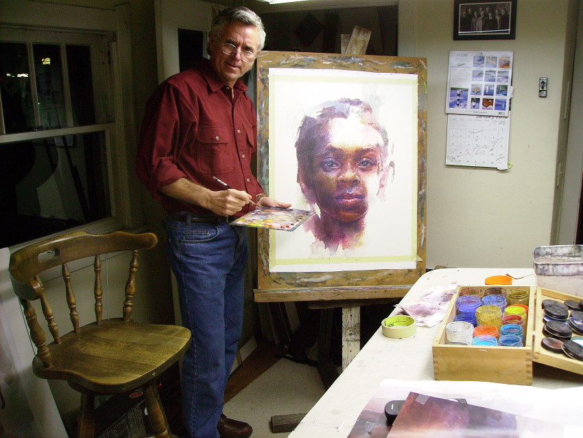 Stan Miller while painting a portrait