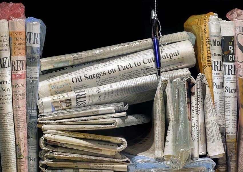 Photorealistic newspapers painting by Steve Mills