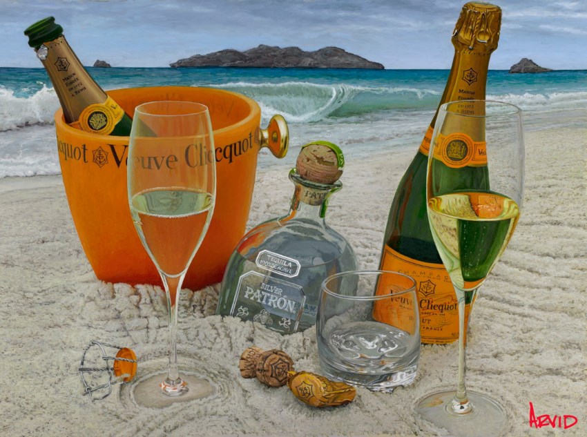 Champagne bottles on beach Oil painting by Thomas Arvid