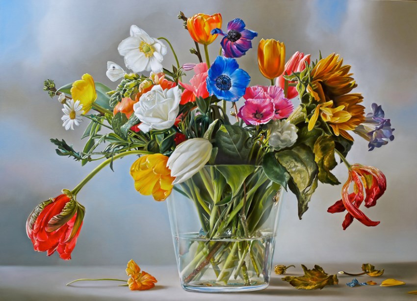Vase with flowers oil painting by Tjalf Sparnaay
