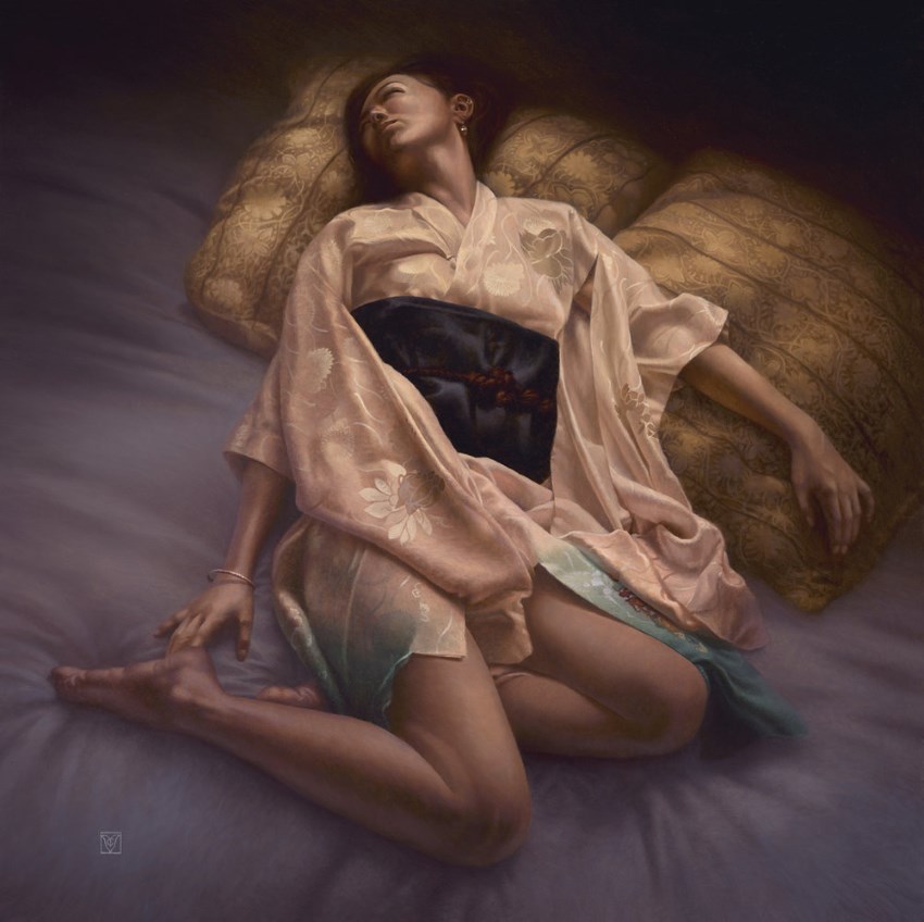 Woman on bed oil painting by Christophe Vacher