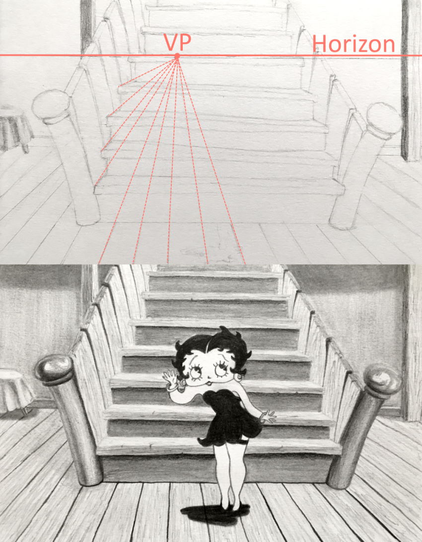 Betty Boop cartoon drawing in perspective