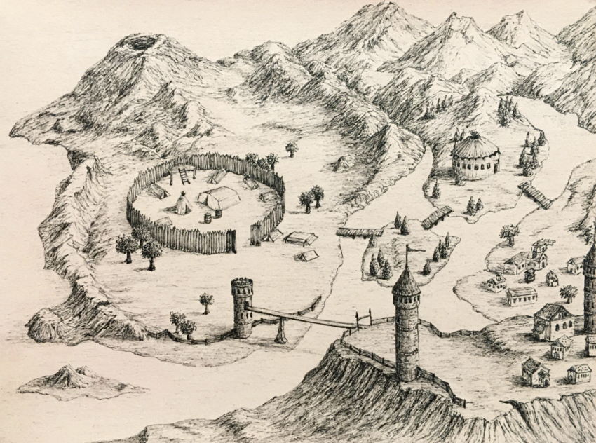 Drawing of a fantasy map using a pen