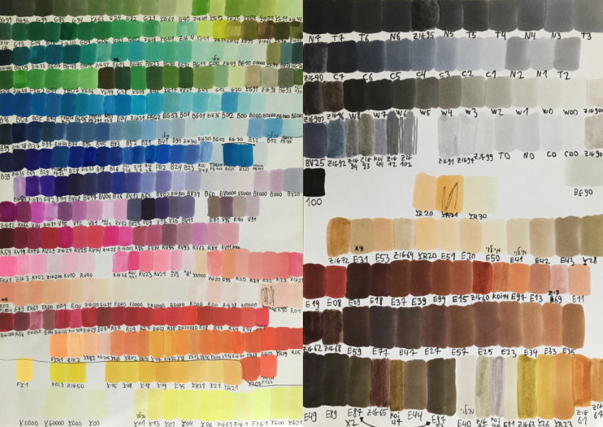 Color chart (palette) for marker pens