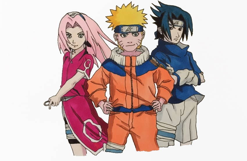 Cartoon characters drawing: Naruto, Sakura and Sasuke