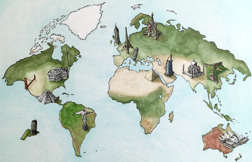 World map with famous monuments, drawing and painting
