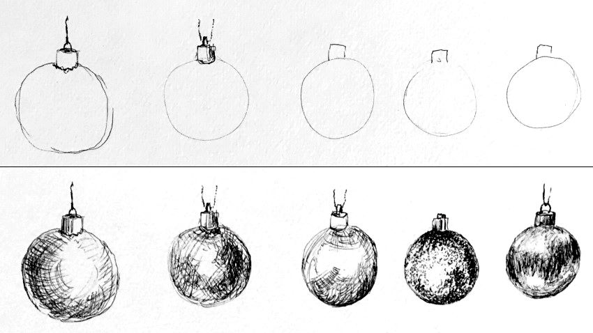 Pen drawing of baubles for decoration