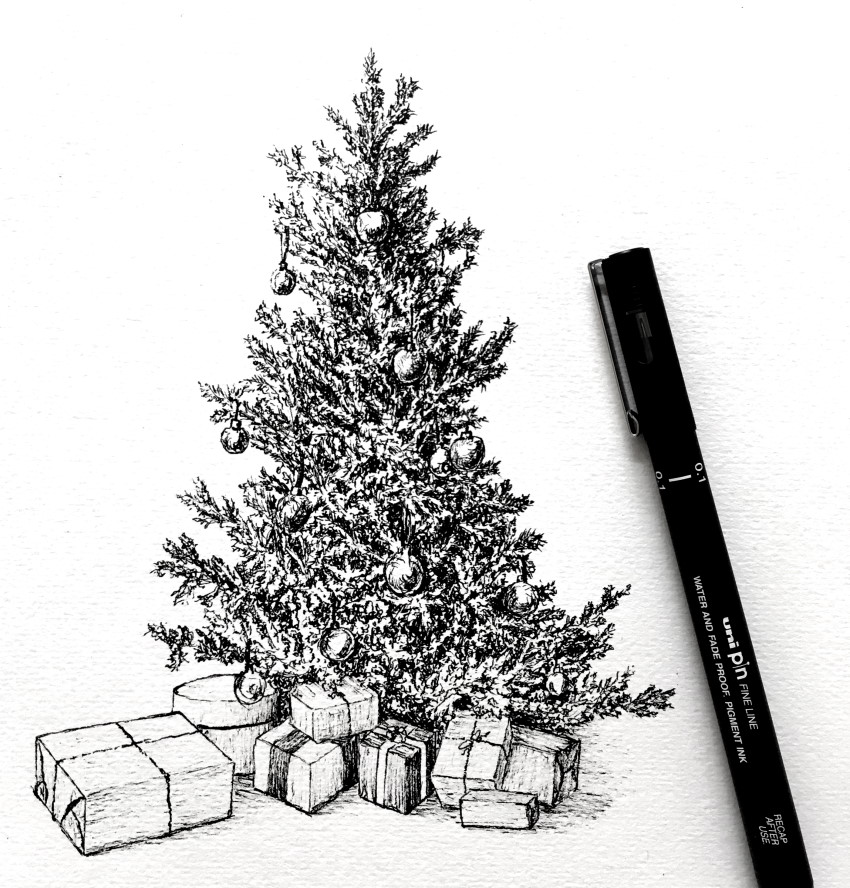 Pen drawing of a realistic Christmas tree with decorations