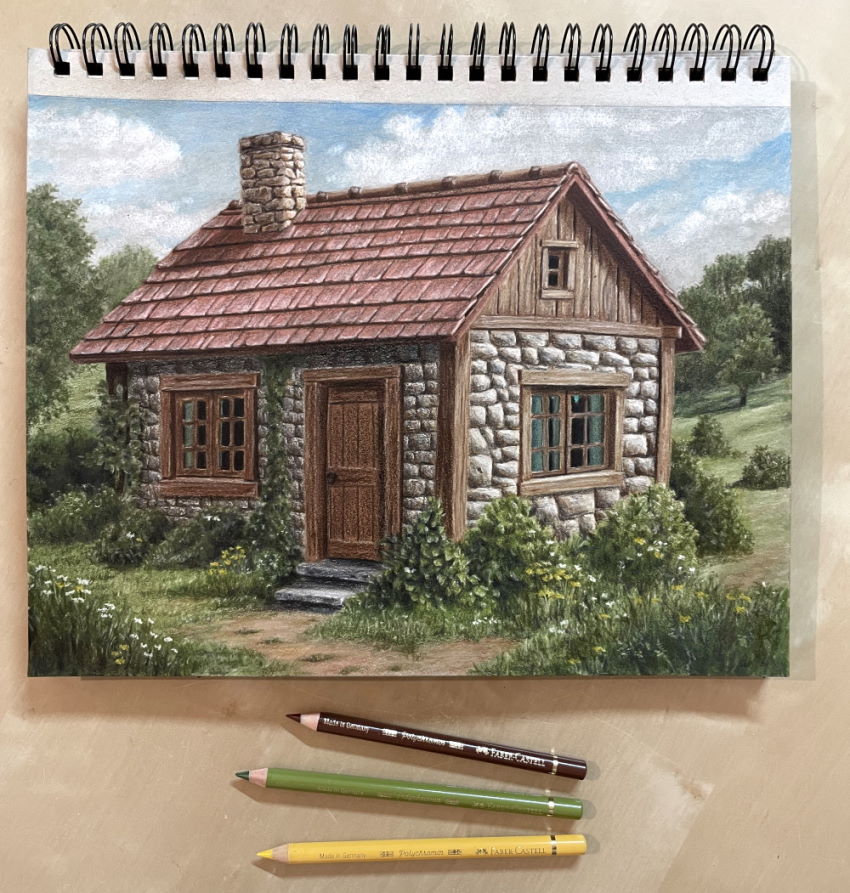 Realistic drawing of a house and landscape using colored pencils