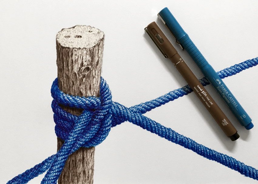 Realistic pen drawing of a tree log with a rope