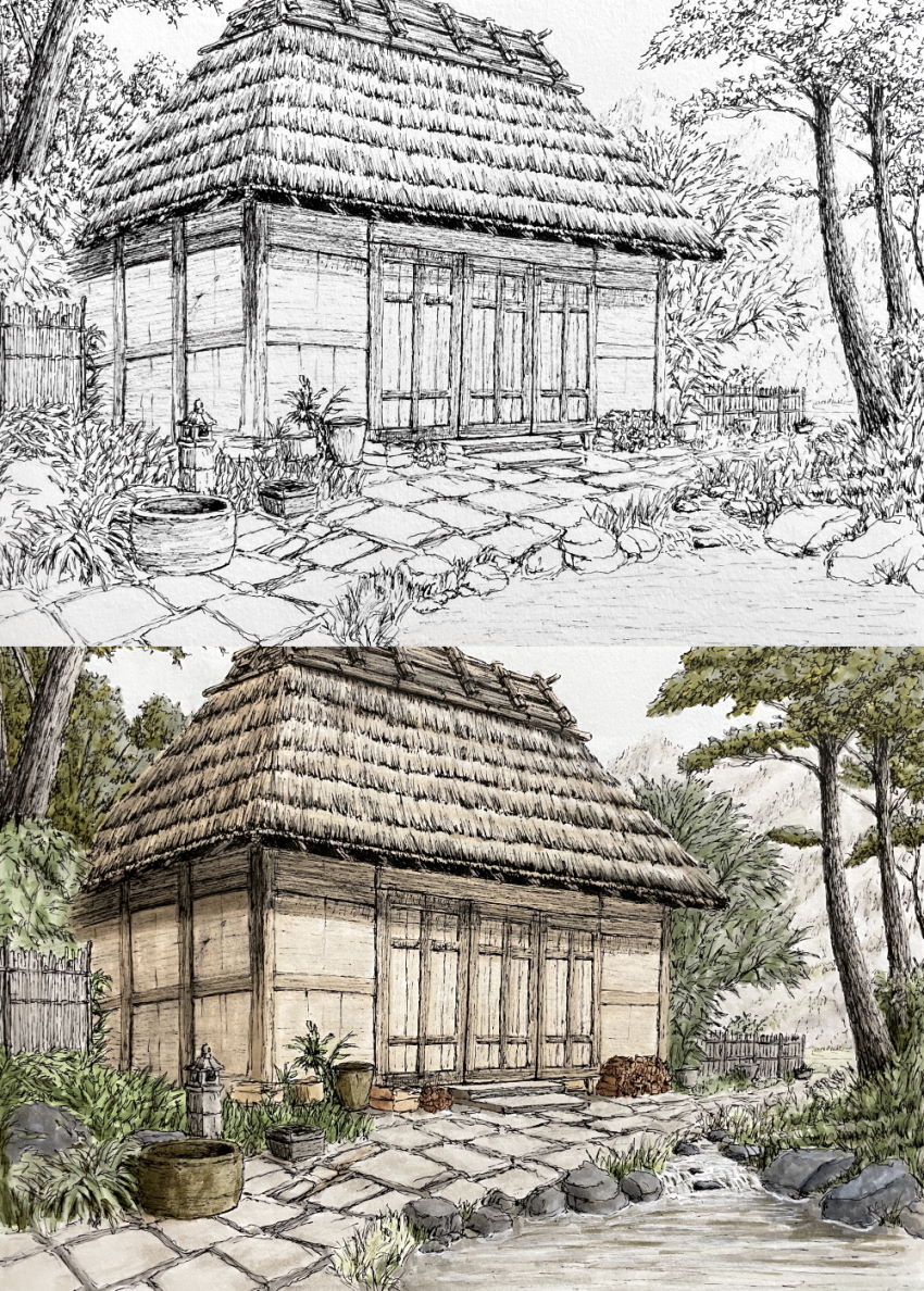 A drawing of a house with pen and markers