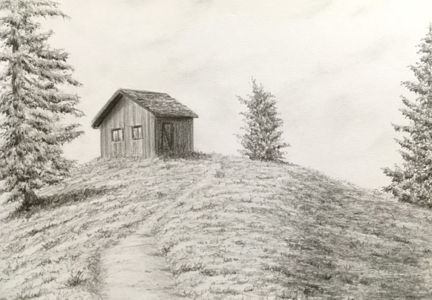 Landscape with a hut, road, and trees, pencil drawing