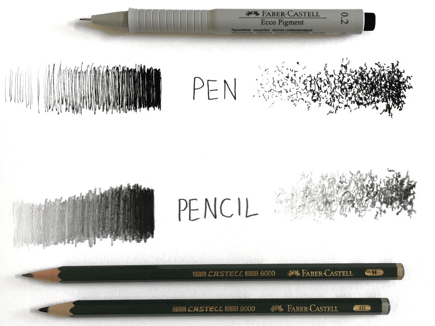 Transitions in brightness values with pen and pencil
