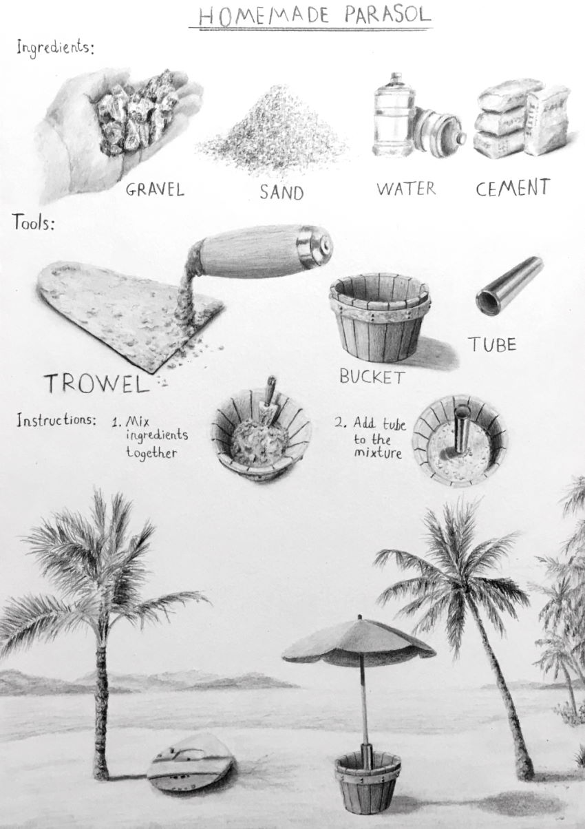 Drawings of a beach with parasol as a product design