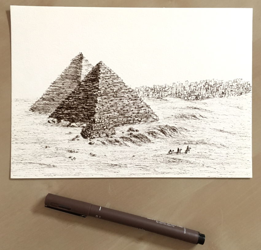 Pyramids drawing with a brown pen