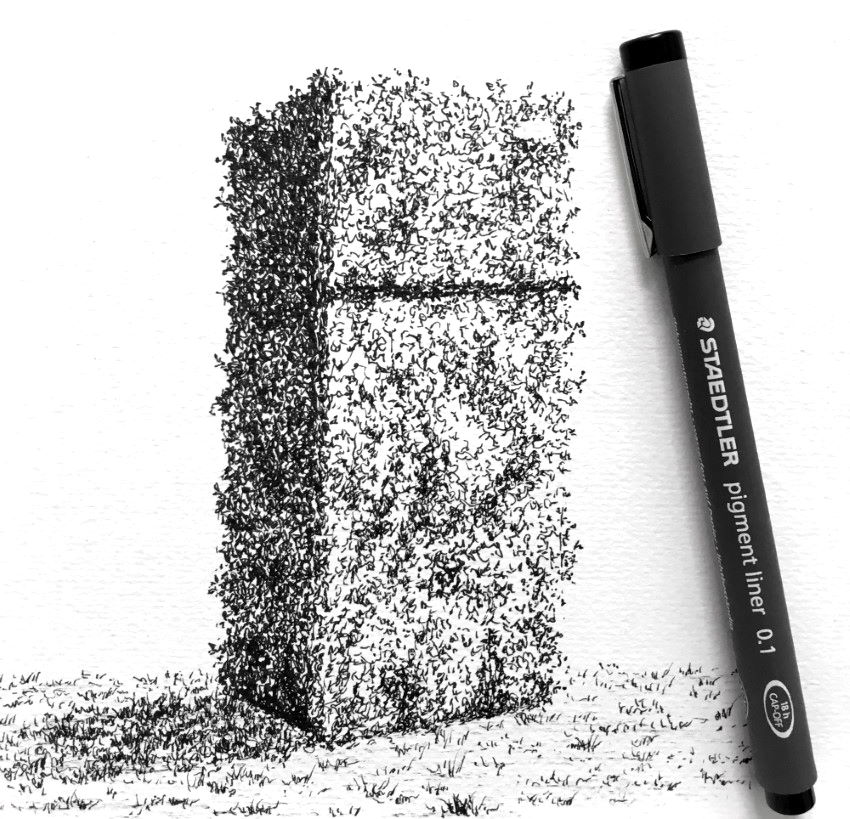 Pen drawing of a refrigerator with leaves texture