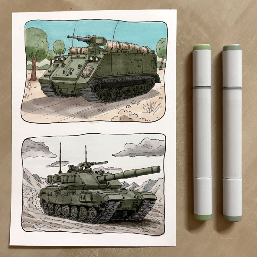 A marker drawing of an APC and a tank