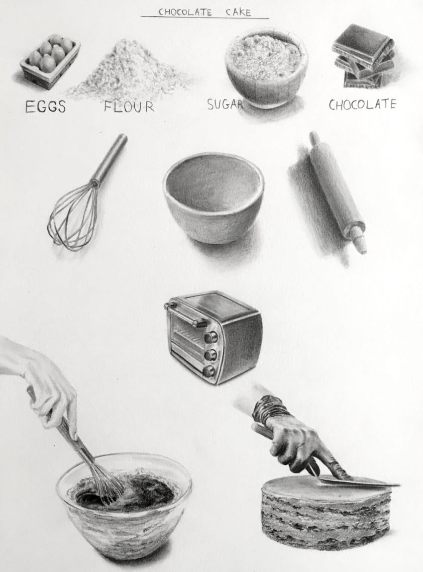 Realistic pencil drawing of a recipe for chocolate cake