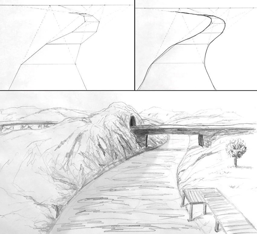 Curved road sketch in linear perspective