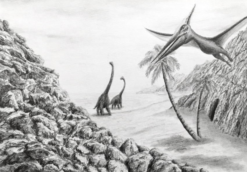 Pencil drawing of a beach with dinosaurs