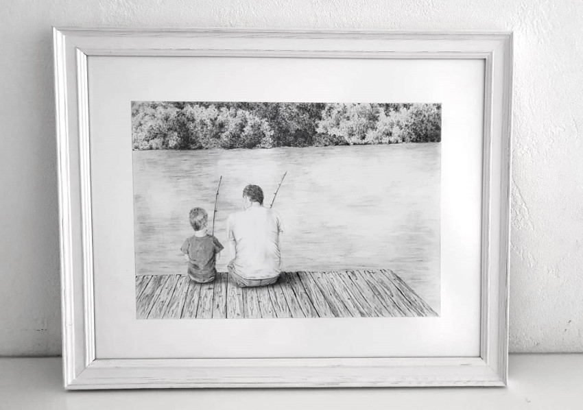 Composition drawing of father and son fishing