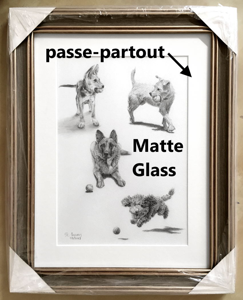 A framed realistic drawing of dogs