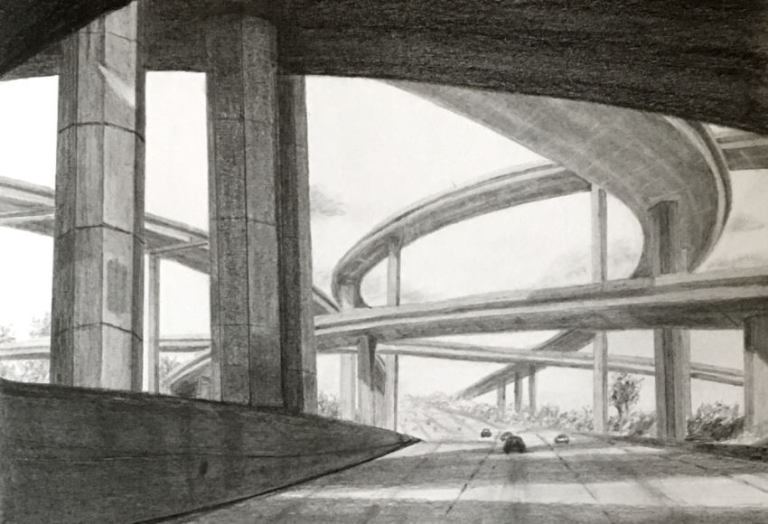 A drawing of a interchange roads in perspective