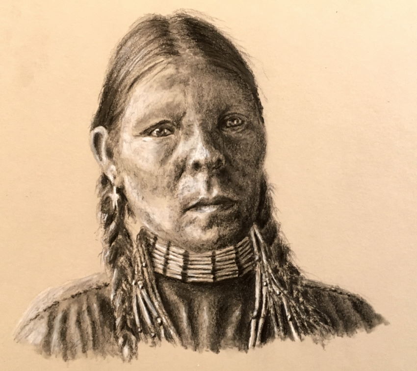 Graphite drawing of a Native American female on toned paper