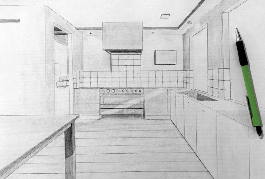 How To Draw With A Mechanical Pencil Ran Art Blog   One Point Perspective Kitchen 