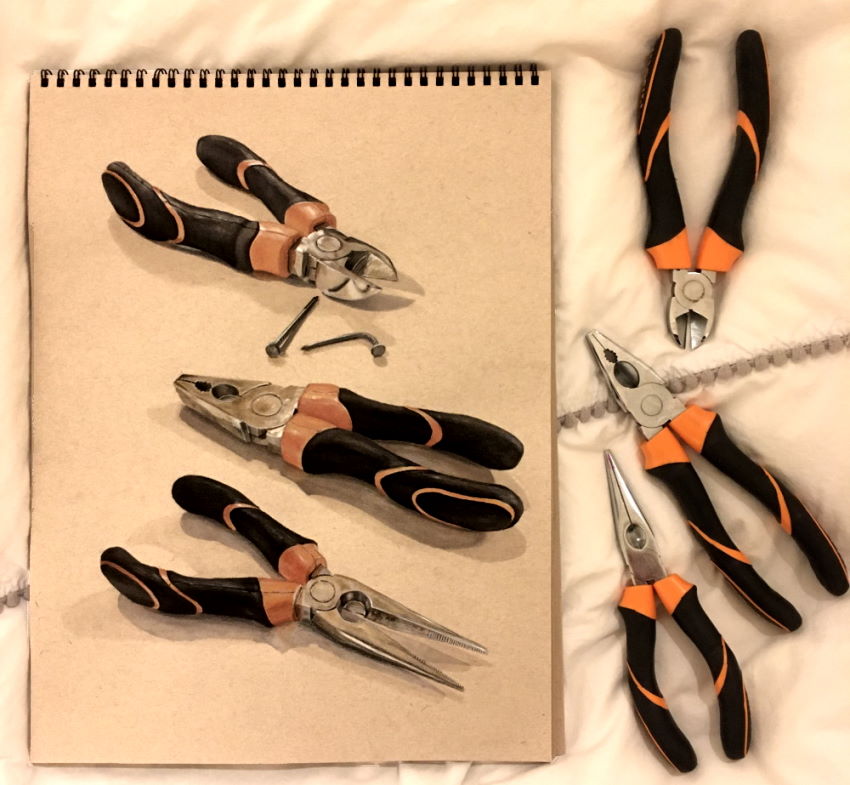 Realistic pliers drawing with markers