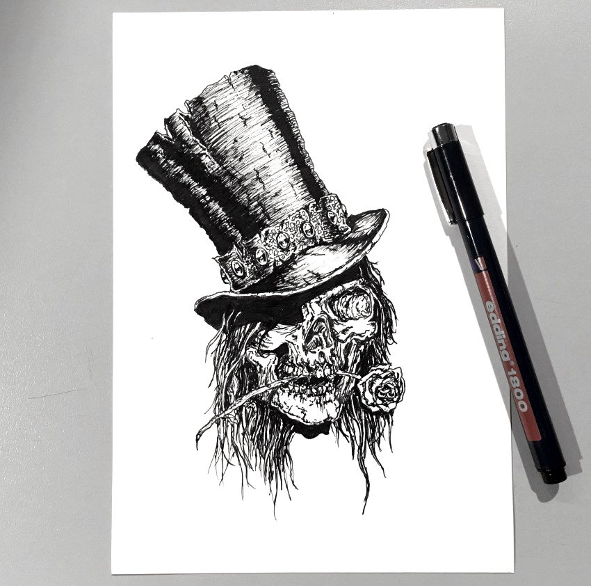 Pen drawing of a skull with hat