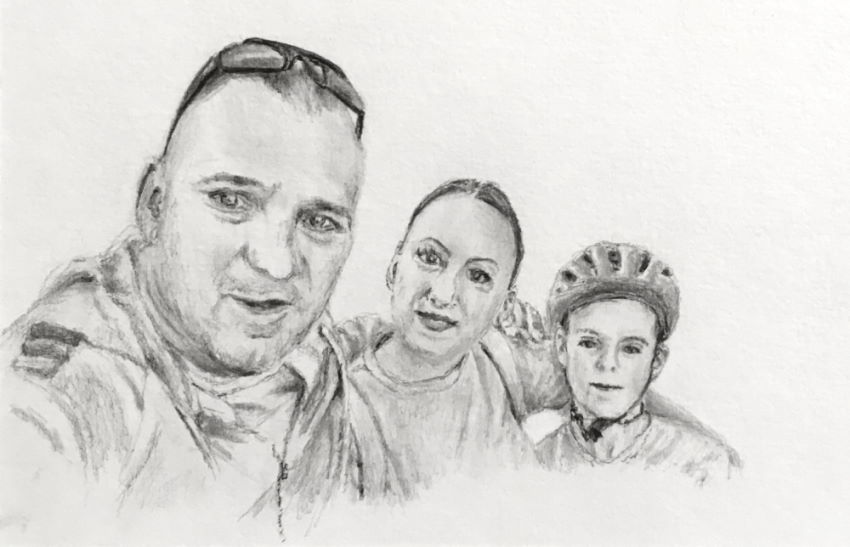 A graphite pencil drawing of father, mother, and son